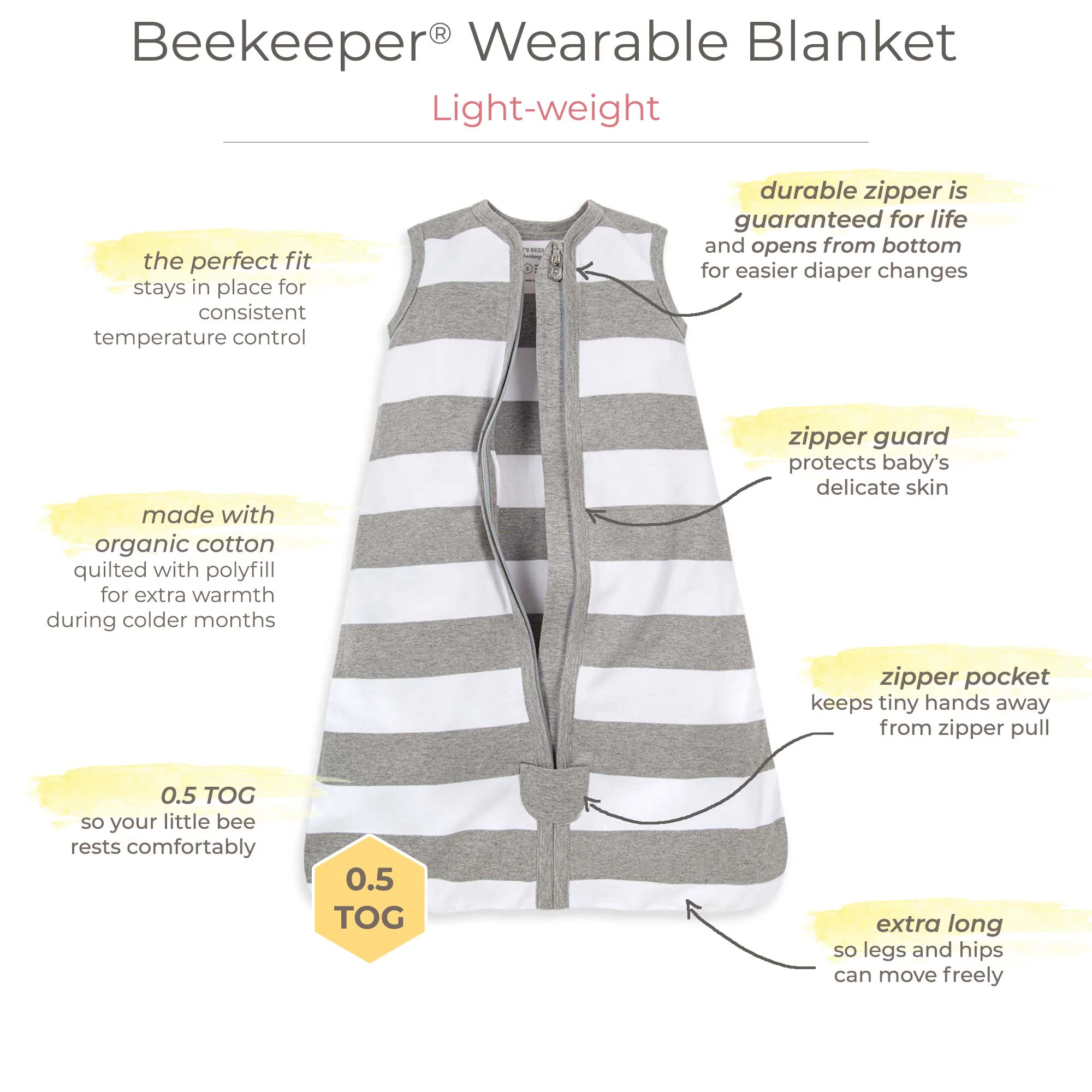 Rugby Stripe Organic Beekeeper™ Wearable Baby Blanket - Heather Grey - Image 6