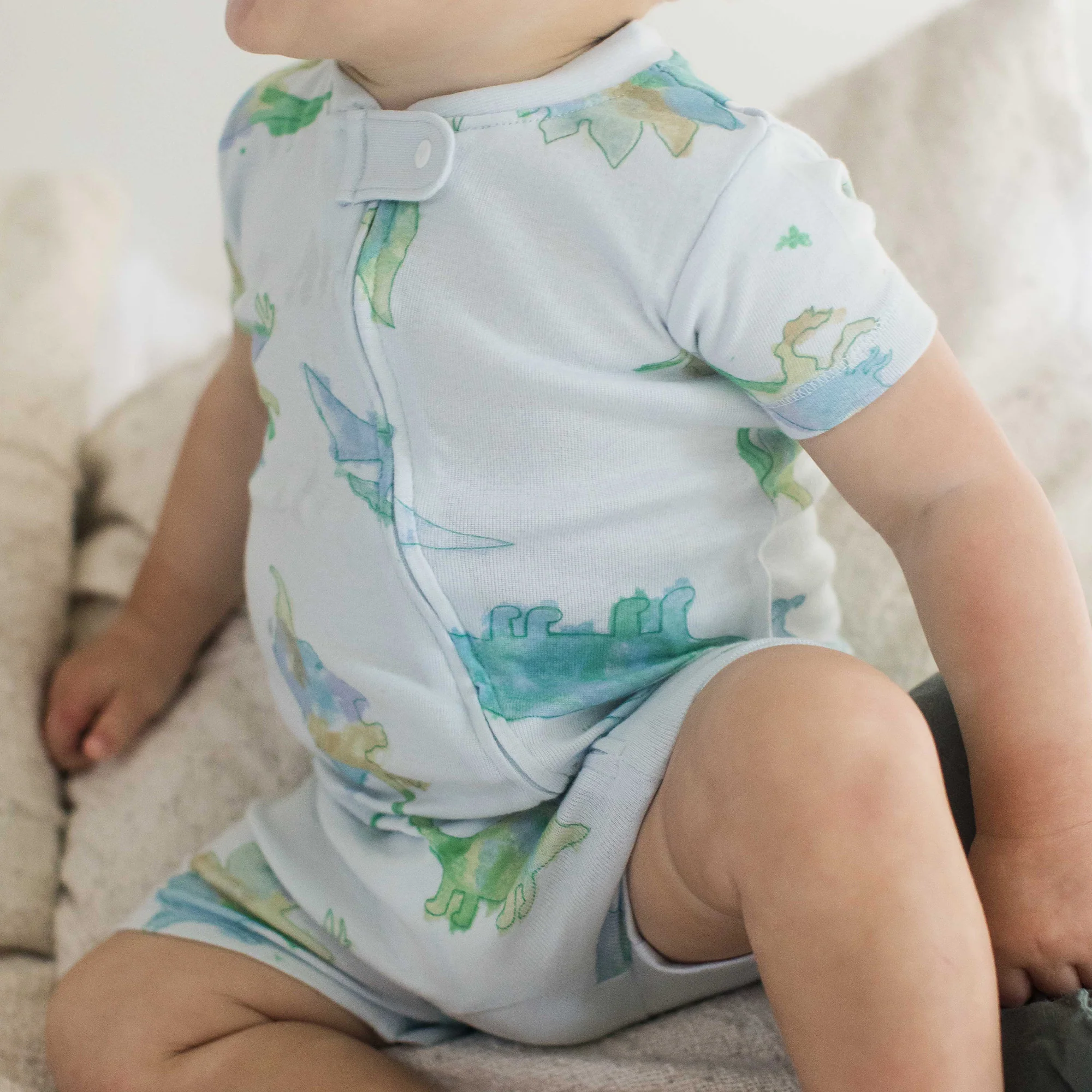 Watercolor Dinos Organic Baby Sleeper Romper - Rain - Image 5